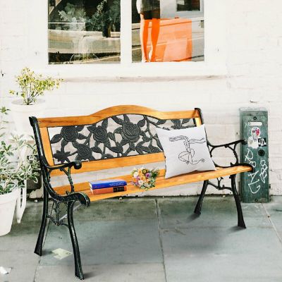 Patio Park Garden Bench Porch Path Chair Furniture Cast Iron Hardwood Image 2