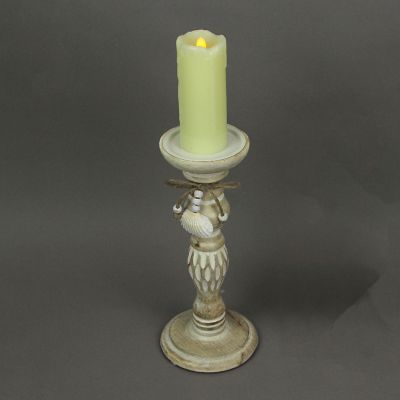 PD Home & Garden 11 Inch Wood Pedestal Candle Holder Rustic White Washed Pillar With Sea Shells Image 2