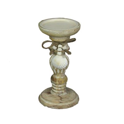 PD Home & Garden 8 Inch Wood Pedestal Candle Holder Rustic White Washed Pillar With Sea Shells Image 1