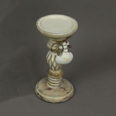 PD Home & Garden 8 Inch Wood Pedestal Candle Holder Rustic White Washed Pillar With Sea Shells Image 1