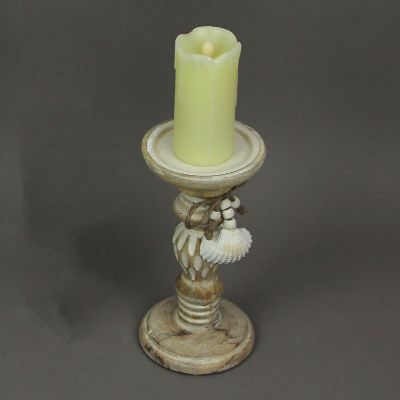 PD Home & Garden 8 Inch Wood Pedestal Candle Holder Rustic White Washed Pillar With Sea Shells Image 2