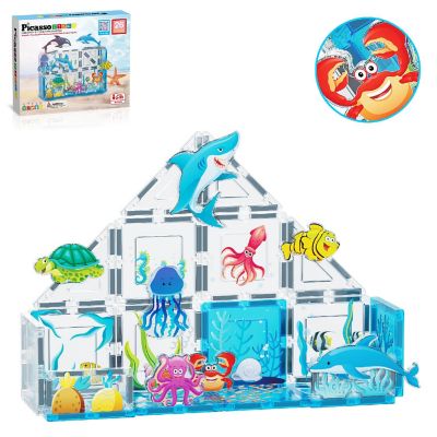 PicassoTiles Magnet Tile Building Blocks Marine Animal World Themed Playset with 8 Ocean Character Action Figures Magnetic Tiles STEM Learning Toy Image 1