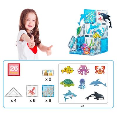 PicassoTiles Magnet Tile Building Blocks Marine Animal World Themed Playset with 8 Ocean Character Action Figures Magnetic Tiles STEM Learning Toy Image 1