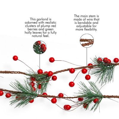 Pine and Berries Garland - Pine Needles and Berry Rustic Holiday Christmas Tree Natural Garland Decorations - 6 Ft Image 2