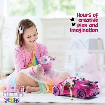 Pink Convertible 2-Seater Vehicle Doll Accessories with Lights and Sounds 10 Pc - Toy Car Includes Helicopter Doll, 2 Figurines, Dining Table Set Image 2