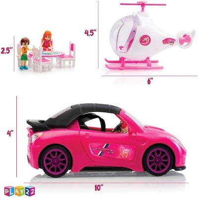 Pink Convertible 2-Seater Vehicle Doll Accessories with Lights and Sounds 10 Pc - Toy Car Includes Helicopter Doll, 2 Figurines, Dining Table Set Image 3