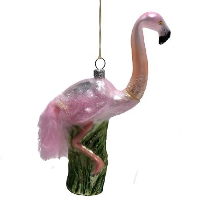 Pink Flamingo with Feather Tail Polish Glass Christmas Tree Ornament Bird Image 1