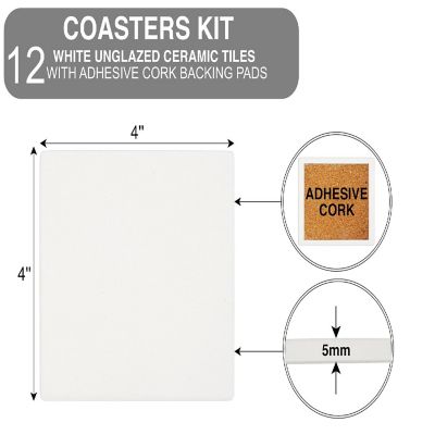 Pintar Make Your Own Coasters Kit 12 Pack of 4x4 White Unglazed Ceramic Tiles with Adhesive Cork Backing Pads, Use with Alcohol Ink, Acrylic Paints Image 1