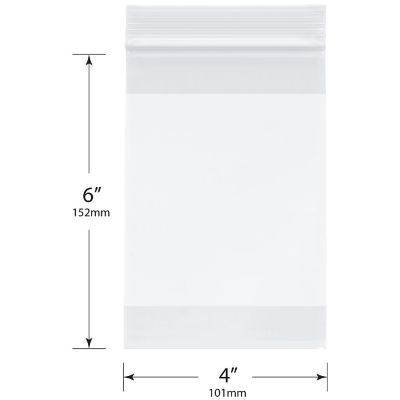 Plymor Heavy Duty Plastic Reclosable Zipper Bags With White Block, 4 Mil, 4" x 6" (Pack of 100) Image 1