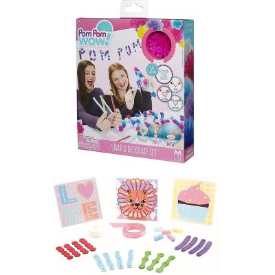 Pom Pom Wow! - Snap & Decorate Set  with 18 plastic letter snaps in 4 colors, 50 pom poms in 5 colors, 1 roll of yarn, 3 decorative cards, and 60 adhesive dots. Image 1