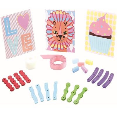 Pom Pom Wow! - Snap & Decorate Set  with 18 plastic letter snaps in 4 colors, 50 pom poms in 5 colors, 1 roll of yarn, 3 decorative cards, and 60 adhesive dots. Image 2