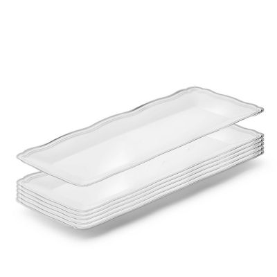 Posh Setting 13.75 X 6 Inch Rectangle White and Silver Rim  Serving Tray - 6 Pack Image 1