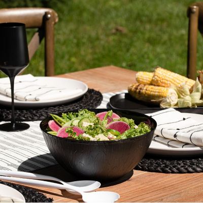 Posh Setting Wood Pattern Black Plastic Salad Bowl - 96 oz. - 5 Pack Image 1
