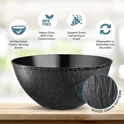 Posh Setting Wood Pattern Black Plastic Salad Bowl - 96 oz. - 5 Pack Image 2