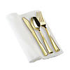 Premium Gold Plastic Cutlery in White Napkin Rolls Set - Napkins, Forks, Knives, Spoons and Paper Rings (100 Sets) Image 1
