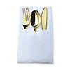 Premium Gold Plastic Cutlery in White Pocket Napkin Set - Napkins, Forks, Knives, and Spoons (70 Sets) Image 1