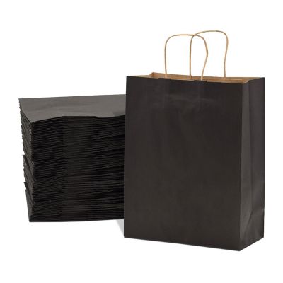 Prime Line Packaging 10x5x13 Inch Medium Black Paper Bags with Handles, Gift Bags Bulk 100 Pack Image 1