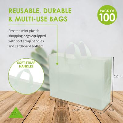 Prime Line Packaging- 16x6x12 Inch 100 Pack Small Frosted Mint Plastic Shopping Bags Image 2