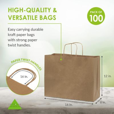 Prime Line Packaging 16x6x12 Inch Large Brown Paper Bags with Handles, Shopping Bags Bulk 100 Pack Image 3