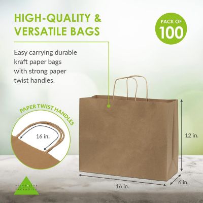 Prime Line Packaging Brown Paper Bags with Handles, Large Paper Shopping Bags 16x6x12 100 Pack Image 3