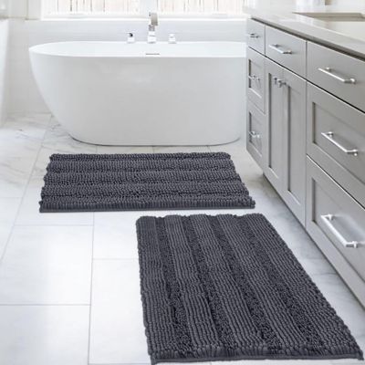 PrimeBeau Striped Bath Rugs for Bathroom Anti-Slip Bath Mats Soft Plush Chenille Shaggy Mat, Gray, 20" x 32" Plus 17" x 24" Image 1