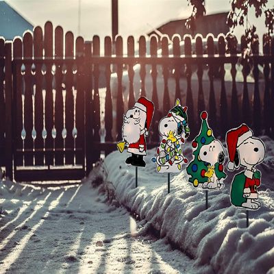 ProductWorks Peanuts 2D LED Pre-Lit Flat PVC Pathway Markers Featuring Snoopy Christmas Yard Art- 12-Inch Image 1