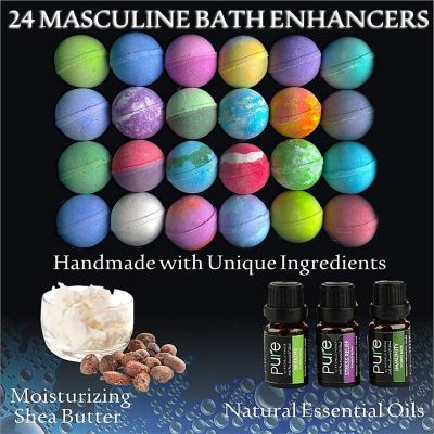 Pure Parker - Men's Bath Bombs Gift Set. 24 Assorted Pack Therapeutic Shea Bath Bombs. Large Spa Fizzers with Moisturizing Essential Oils Image 2
