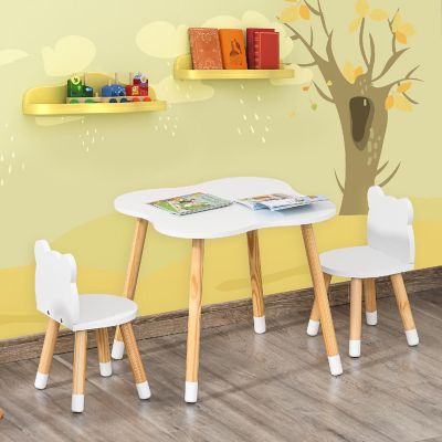 Qaba 3 Pieces Table and Chair Sets Children Dining Table Cute Bear Shape Rounded Corners for 1 4 years Toddler Desk Reading Drawing Playing White Image 1