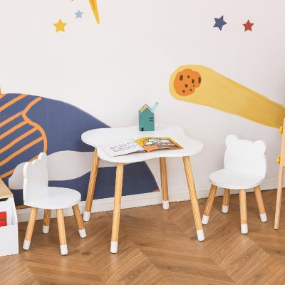 Qaba 3 Pieces Table and Chair Sets Children Dining Table Cute Bear Shape Rounded Corners for 1 4 years Toddler Desk Reading Drawing Playing White Image 2