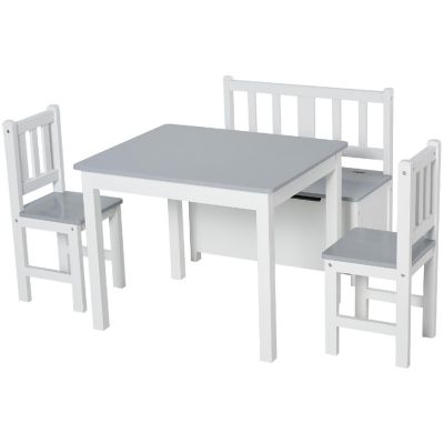 Qaba 4 Piece Kids Table Set 2 Wooden Chairs 1 Storage Bench and Interesting Modern Design Grey/White Image 1