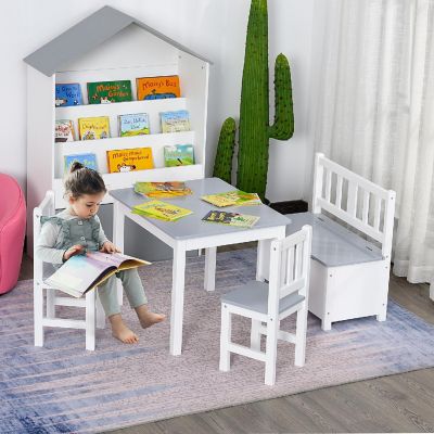 Qaba 4 Piece Kids Table Set 2 Wooden Chairs 1 Storage Bench and Interesting Modern Design Grey/White Image 2