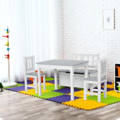 Qaba 4 Piece Kids Table Set 2 Wooden Chairs 1 Storage Bench and Interesting Modern Design Grey/White Image 3