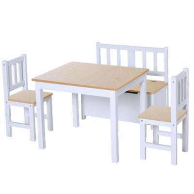 Qaba 4 Piece Kids Table Set 2 Wooden Chairs 1 Storage Bench and Interesting Modern Design Natural/White Image 1