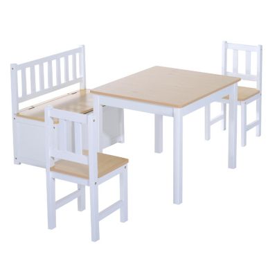 Qaba 4 Piece Kids Table Set 2 Wooden Chairs 1 Storage Bench and Interesting Modern Design Natural/White Image 1