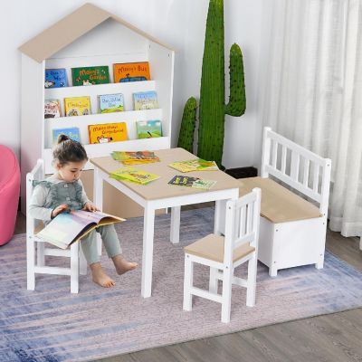 Qaba 4 Piece Kids Table Set 2 Wooden Chairs 1 Storage Bench and Interesting Modern Design Natural/White Image 2