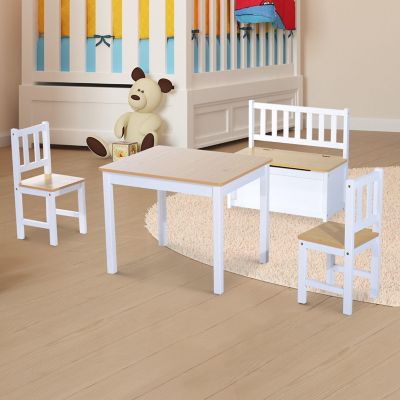 Qaba 4 Piece Kids Table Set 2 Wooden Chairs 1 Storage Bench and Interesting Modern Design Natural/White Image 3