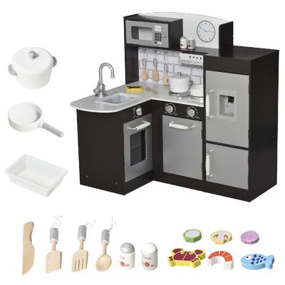 Qaba Black Kids Kitchen Play Cooking Toy Set for Children with Drinking Fountain Microwave and Fridge with Accessories Image 2