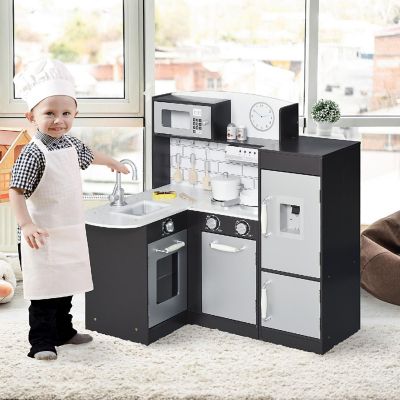 Qaba Black Kids Kitchen Play Cooking Toy Set for Children with Drinking Fountain Microwave and Fridge with Accessories Image 3