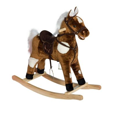 Qaba Kids Metal Plush Ride On Rocking Horse Chair Toy With Nursery Rhyme Music   Dark Brown Image 1