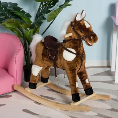 Qaba Kids Metal Plush Ride On Rocking Horse Chair Toy With Nursery Rhyme Music   Dark Brown Image 2