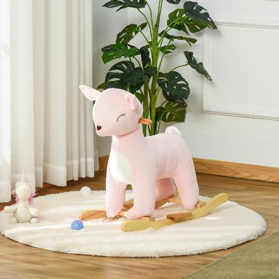 Qaba Kids Plush Ride On Rocking Horse Deer shaped Plush Toy Rocker with Realistic Sounds for Child 36 72 Months Pink Image 2