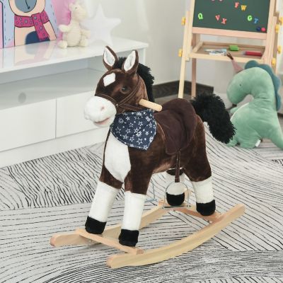 Qaba Kids Plush Ride On Rocking Horse Toy Cowboy Rocker with Fun Realistic Sounds for Child 3 6 Years Old Brown Image 1
