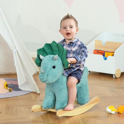 Qaba Kids Plush Ride On Rocking Horse Triceratops shaped Plush Toy Rocker with Realistic Sounds for Child 36 72 Months Dark Green Image 1
