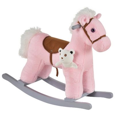 Qaba Kids Plush Rocking Horse with Bear and Sounds Pink Image 1