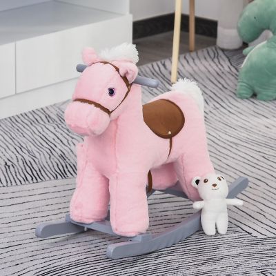 Qaba Kids Plush Rocking Horse with Bear and Sounds Pink Image 1