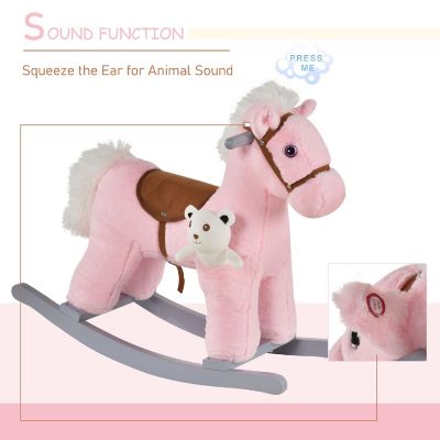 Qaba Kids Plush Rocking Horse with Bear and Sounds Pink Image 3