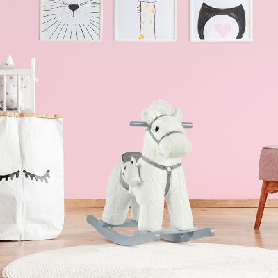 Qaba Kids Plush Rocking Horse with Bear Toy w/ Sounds White Image 1