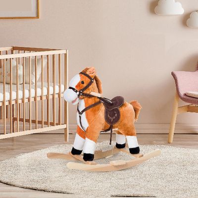 Qaba Kids Plush Toy Rocking Horse Ride on with Realistic Sounds    Brown Image 2