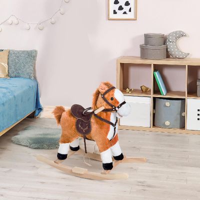 Qaba Kids Plush Toy Rocking Horse Ride on with Realistic Sounds    Brown Image 3
