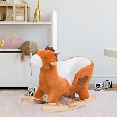 Qaba Kids Ride On Rocking Horse Plush Animal Toy Sturdy Wooden Rocker with Songs for Boys or Girls Image 1